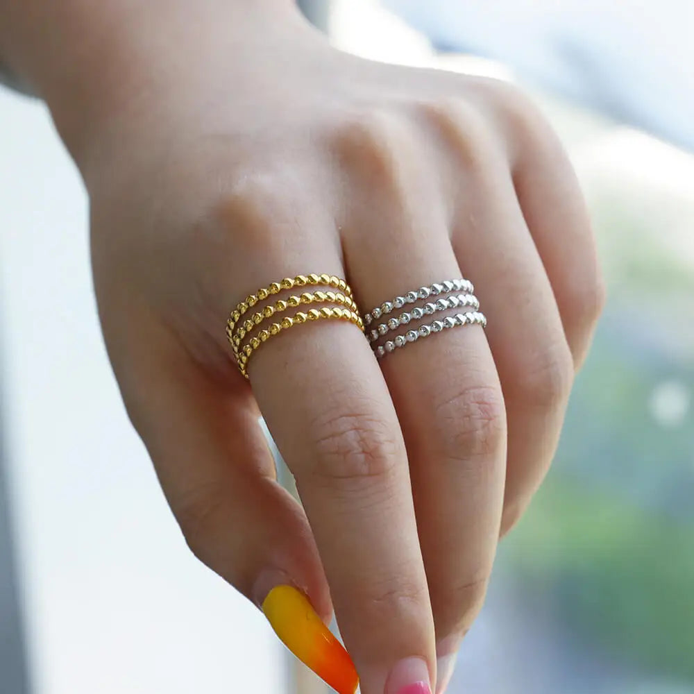3-Layer Beaded Open Ring – Adjustable Stainless Steel Band with 18K Gold