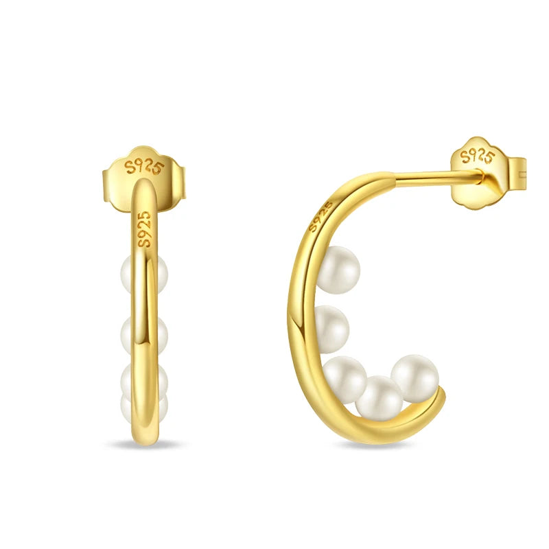 Pearl-Embellished Gold Half Hoop Earrings
