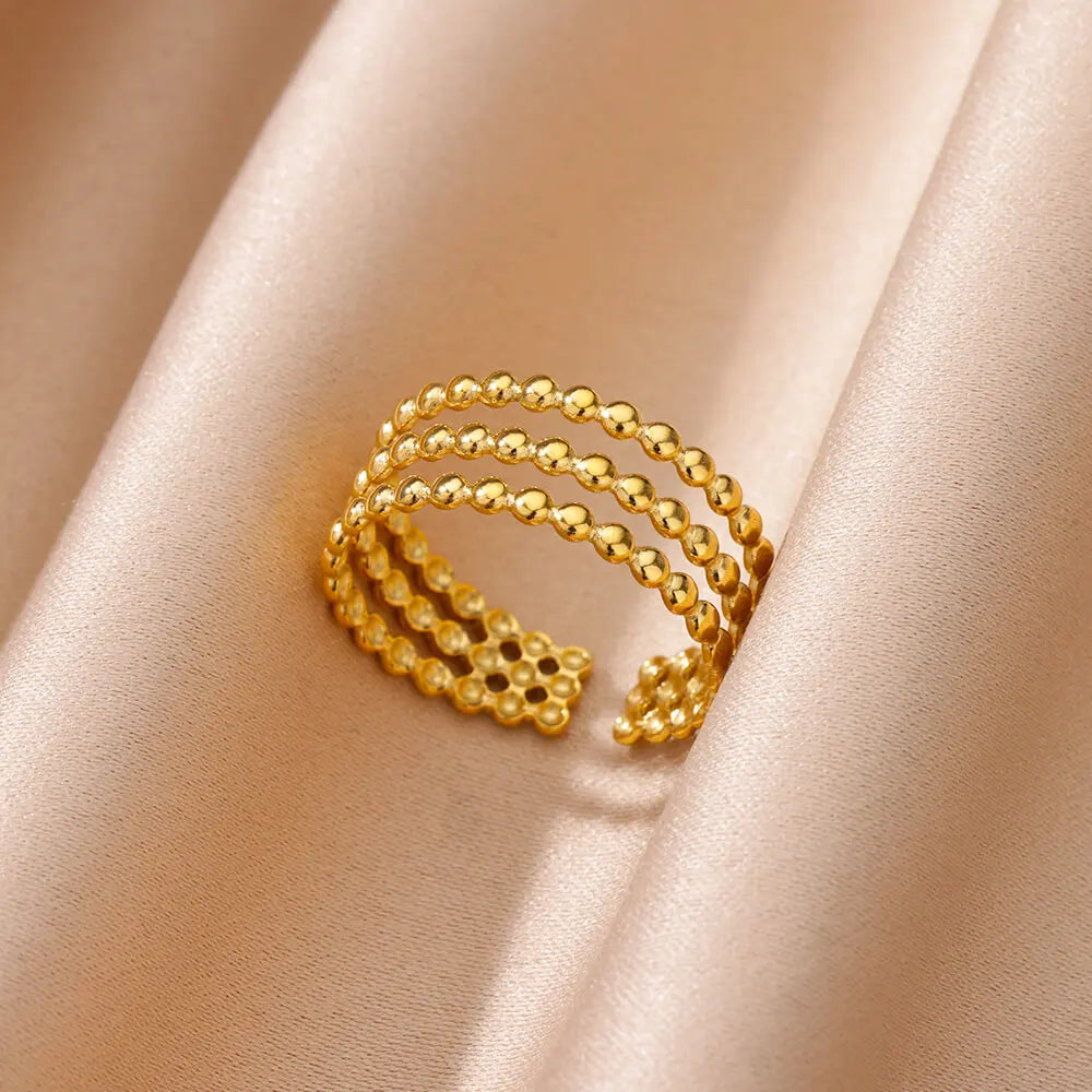 3-Layer Beaded Open Ring – Adjustable Stainless Steel Band with 18K Gold