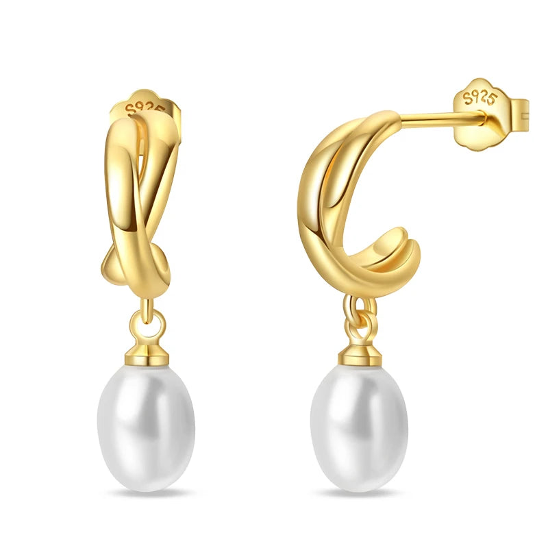 Twisted Gold Pearl Drop Earrings