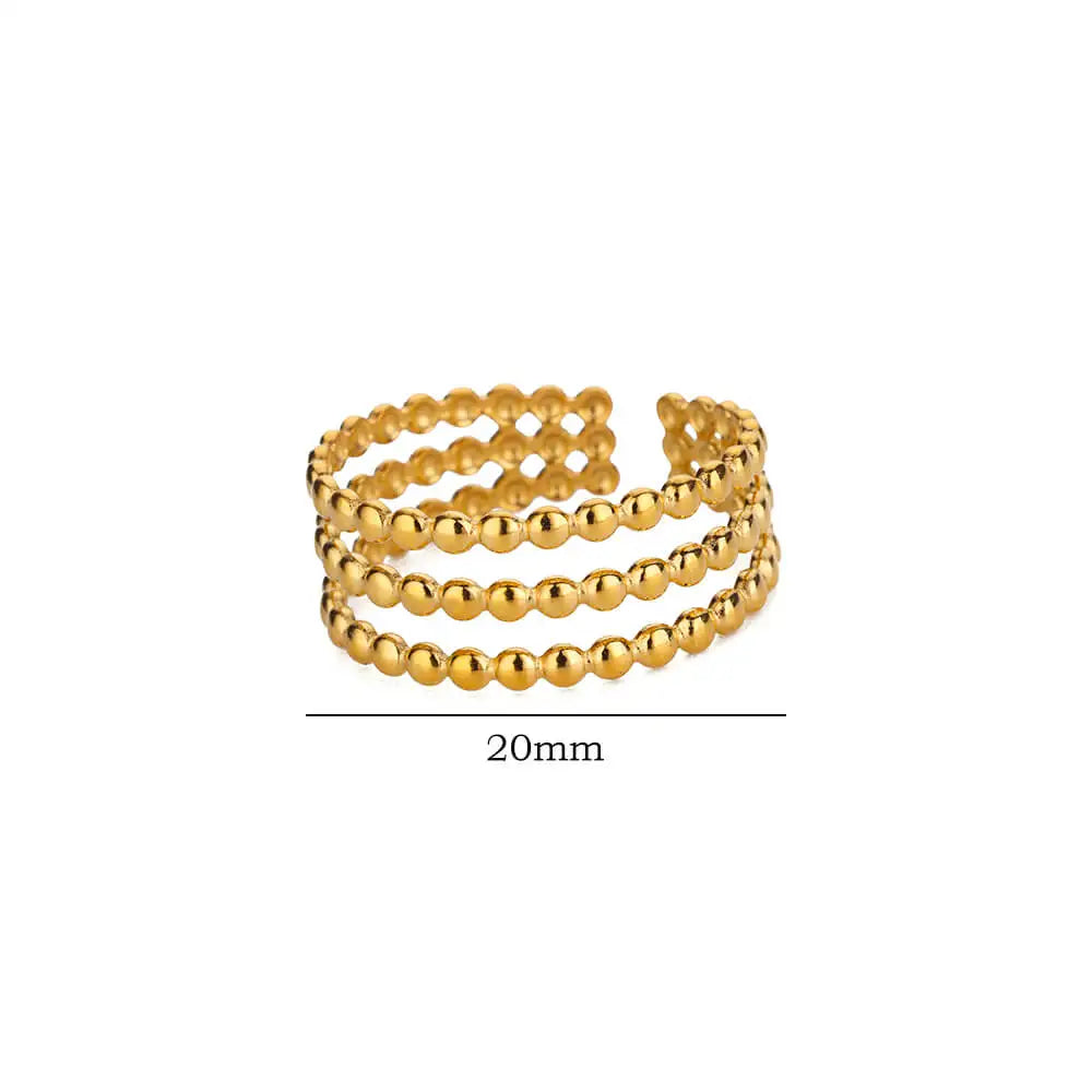 3-Layer Beaded Open Ring – Adjustable Stainless Steel Band with 18K Gold