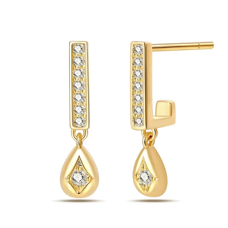 Gold Plated Drop Dangle Earrings | Bar Stud with Sparkling Stone Charm | Elegant Everyday & Occasion Earrings