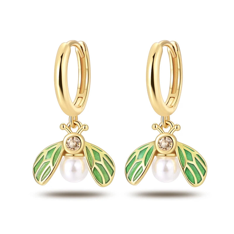 925 Sterling Silver Green Enamel Bee Pearl Hoop Earrings