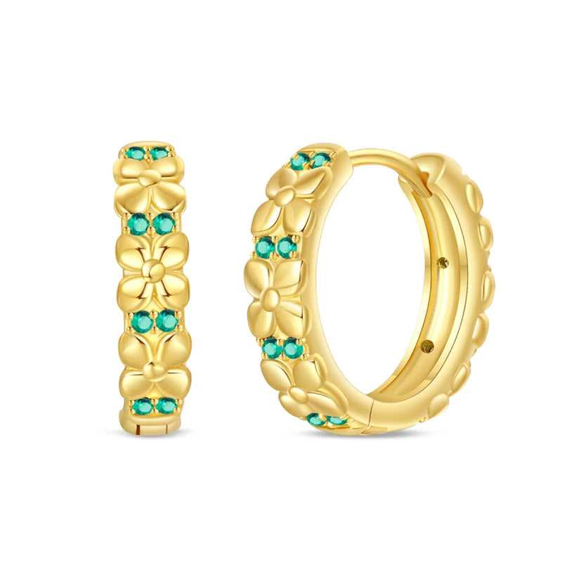 Green Crystal Floral Huggie Hoop Earrings – 18K Gold Plated
