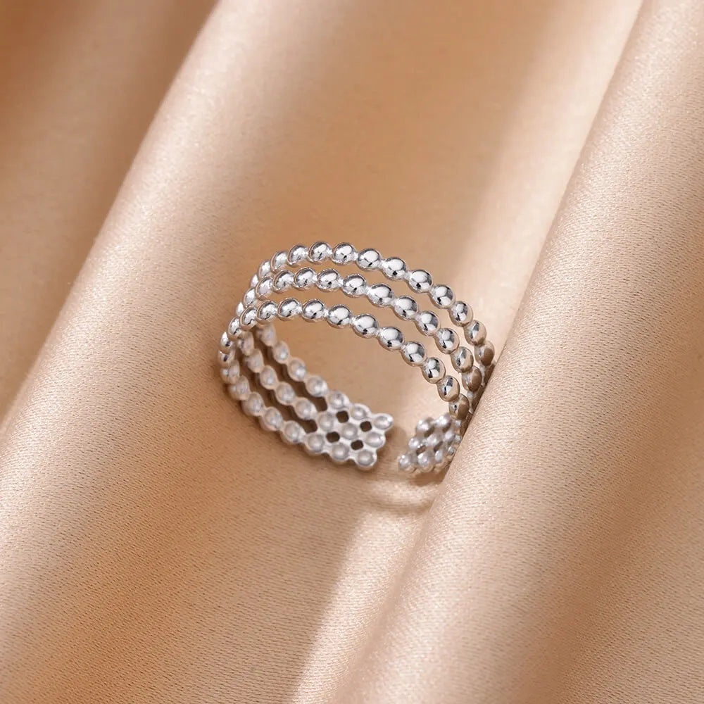 3-Layer Beaded Open Ring – Adjustable Stainless Steel Band with 18K Gold