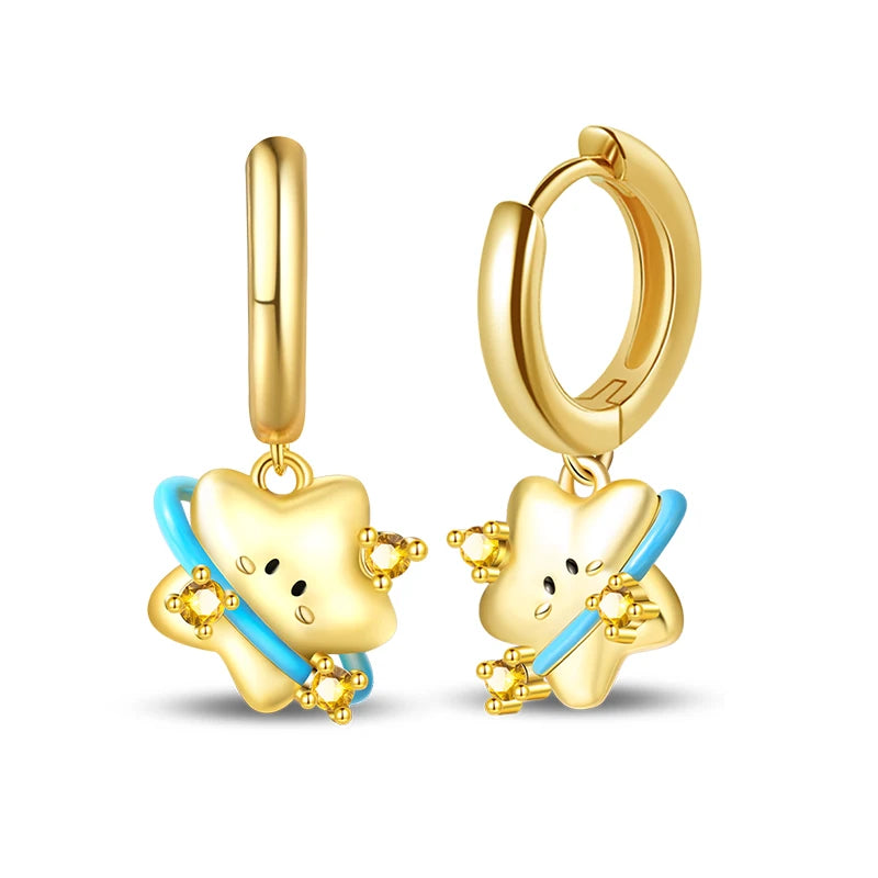 Cute Star Charm Hoop Earrings – Gold with Blue Accent
