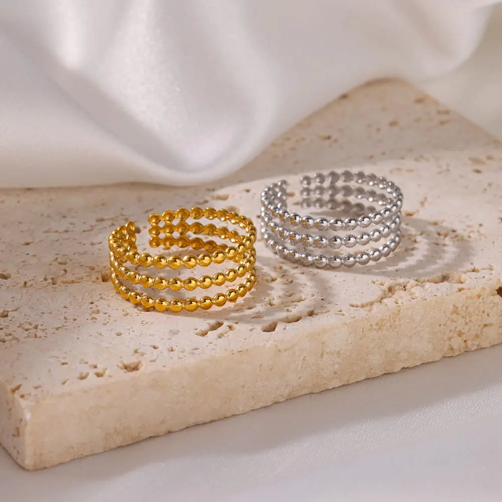 3-Layer Beaded Open Ring – Adjustable Stainless Steel Band with 18K Gold