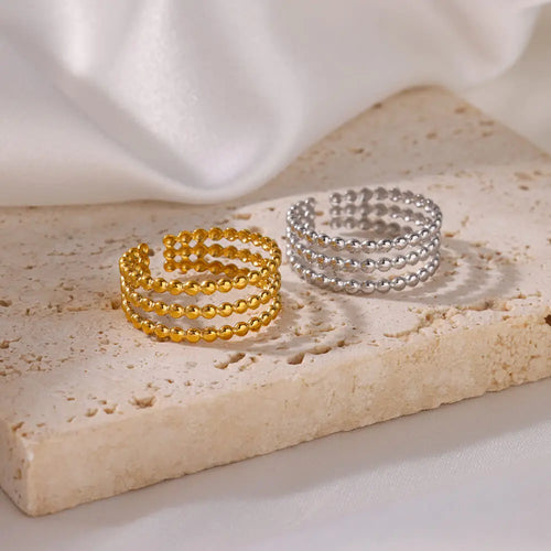3-Layer Beaded Open Ring – Adjustable Stainless Steel Band with 18K Gold