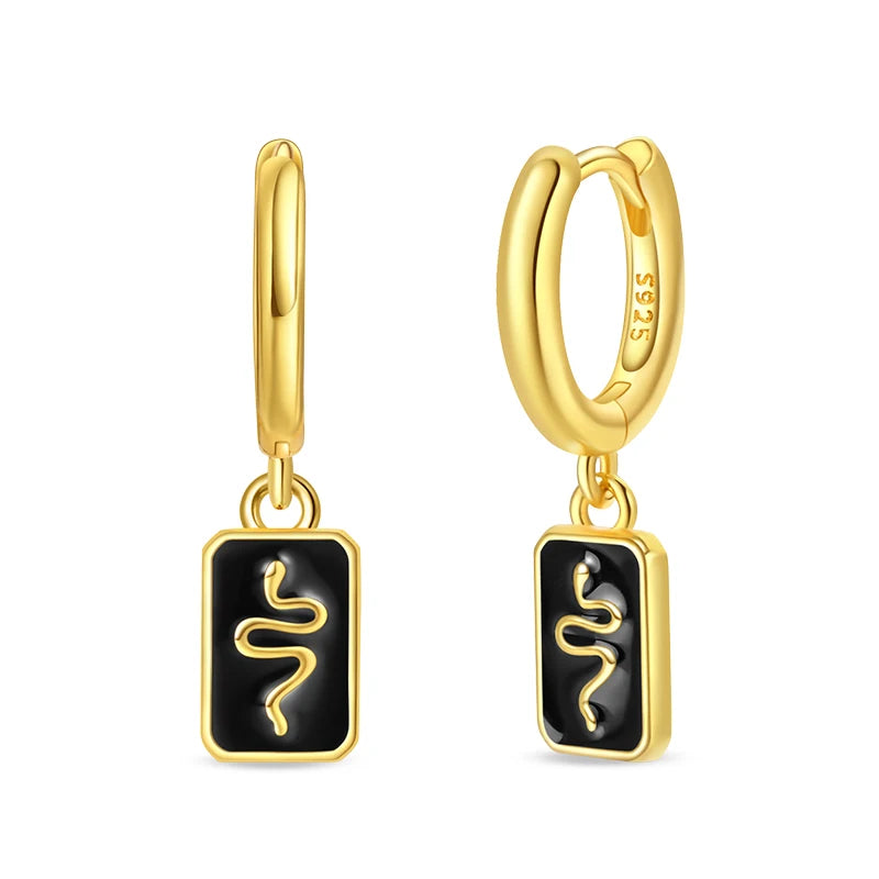 Black Enamel Snake Charm Hoop Earrings
